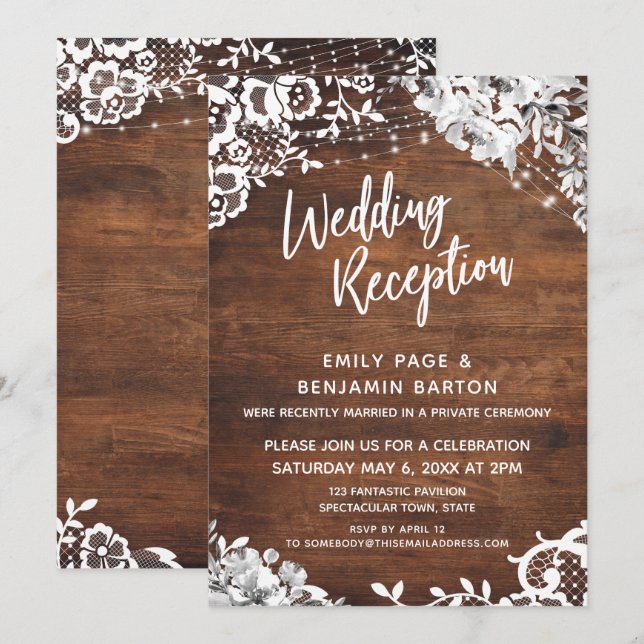 Invitation Dentelle, lumières et fleurs sur une réception de  (Devant / Derrière)