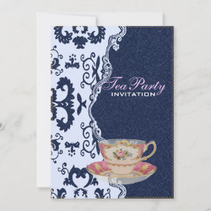 Invitation dentelle moderne bleu denim pays floral Tea Party