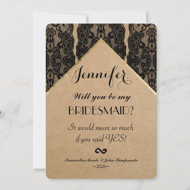 Invitation Dentelle noire chic et classique, or et papier Rec (Devant)