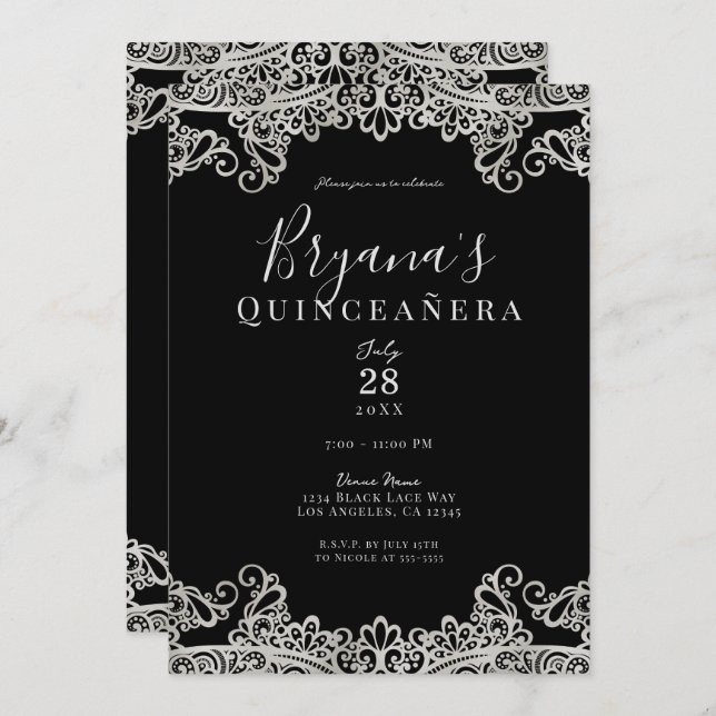 Invitation Dentelle noire et argent Elegant Quinceañera Party (Devant / Derrière)
