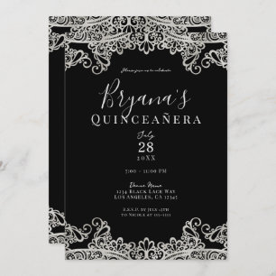 Invitation Dentelle noire et argent Elegant Quinceañera Party