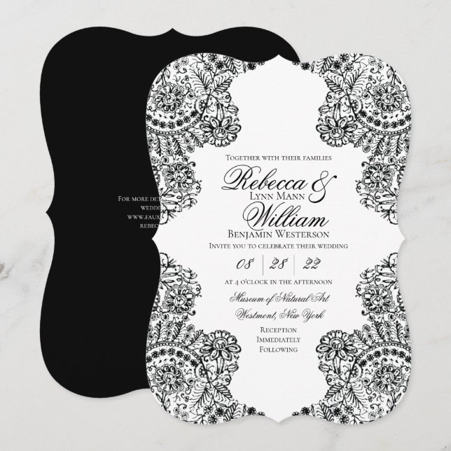 Invitation Dentelle noire et blanche Élégante Mariage gothiqu (Devant / Derrière)