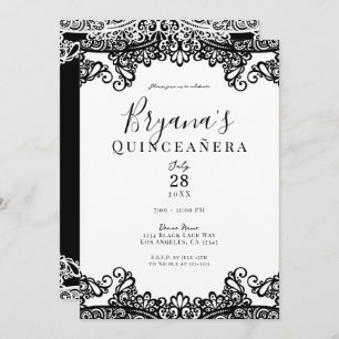 Invitation Dentelle noire et blanche Elégante Quinceañera Par