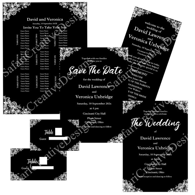 Invitation Dentelle noire et blanche Enregistrer la date Invi (White on black lace wedding collection. Customizable collection of wedding invitations etc.)