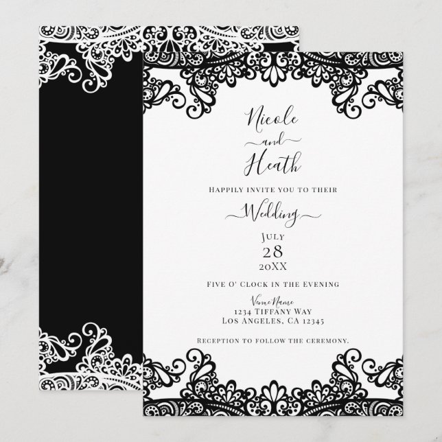Invitation Dentelle noire et blanche Mariage élégant (Devant / Derrière)