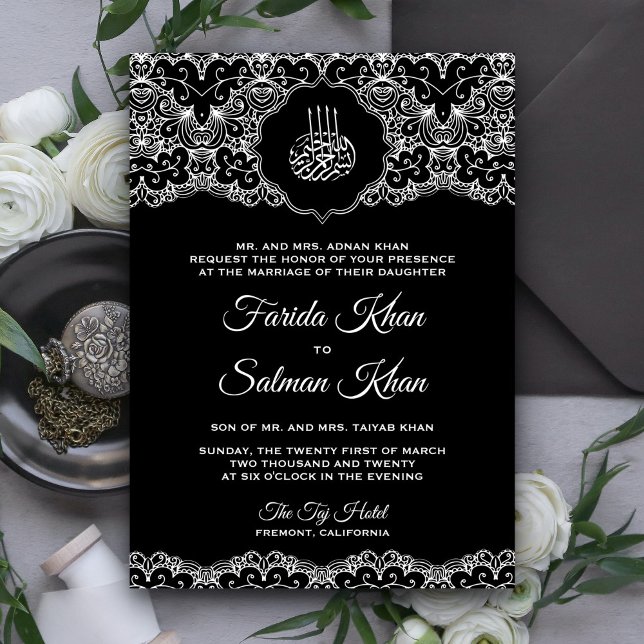 Invitation Dentelle noire et blanche Mariage musulman islamiq (Créateur téléchargé)