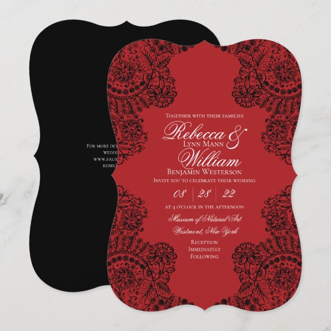 Invitation Dentelle noire et rouge Élégant Mariage gothique (Devant / Derrière)