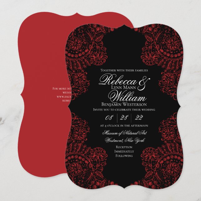 Invitation Dentelle noire et rouge Élégant Mariage gothique (Devant / Derrière)