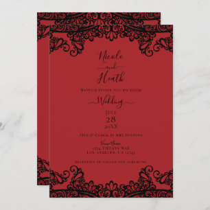 Invitation Dentelle noire et rouge foncé Mariage élégant