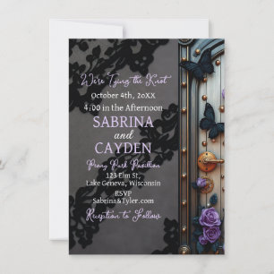 Invitation Dentelle noire, papillons et Mariage Rose pourpre