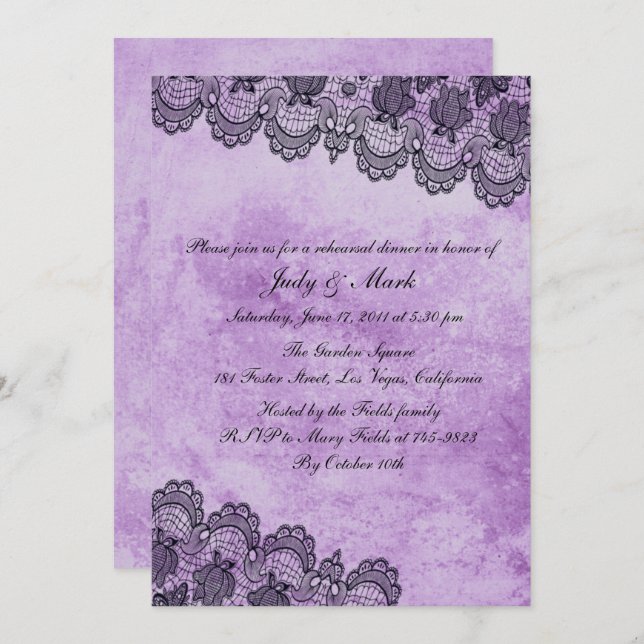 Invitation Dentelle noire violet Mariage gothique Dîner de ré (Devant / Derrière)
