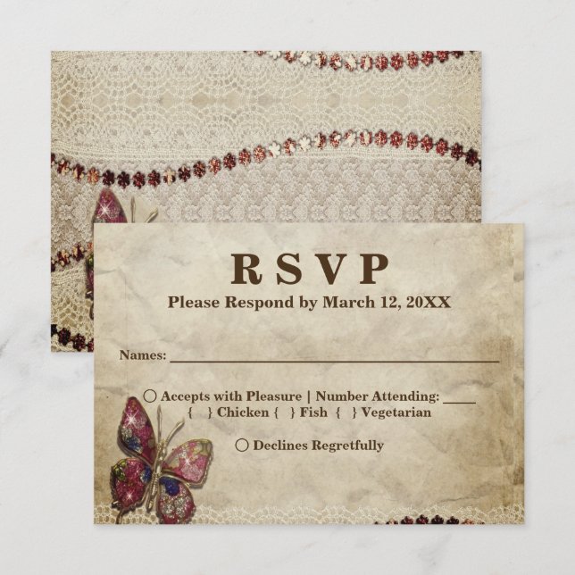 Invitation Dentelle, perles, menu RSVP Papillon (Devant / Derrière)