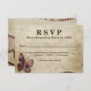 Invitation Dentelle, perles, menu RSVP Papillon
