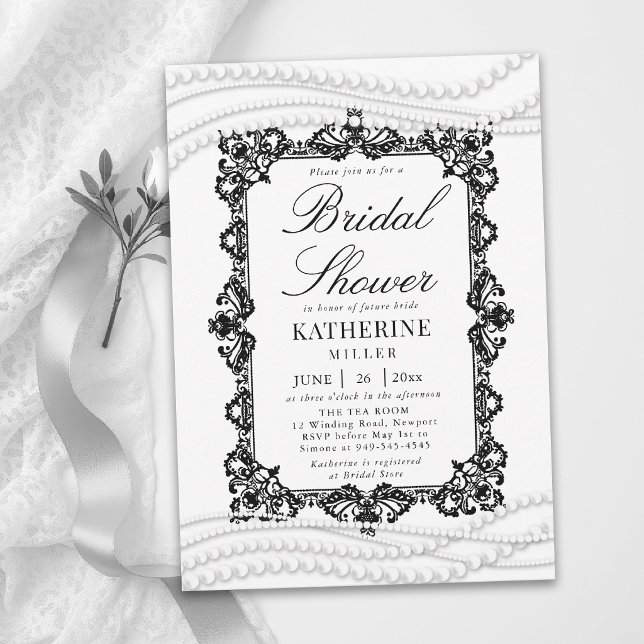 Invitation Dentelle Perles Noir Blanc Mariage Élégant (lace bridal shower theme black and white pearls modern classic traditional elegant invitation card)