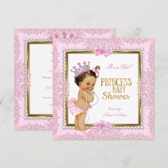 Invitation Dentelle Princess Baby shower Gold Pink Pearls (Devant / Derrière)