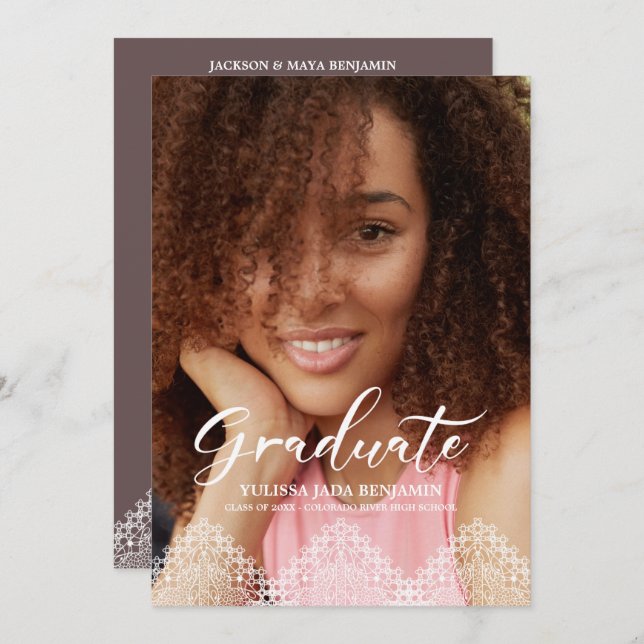 Invitation Dentelle romantique de la fête de la graduation en (Devant / Derrière)