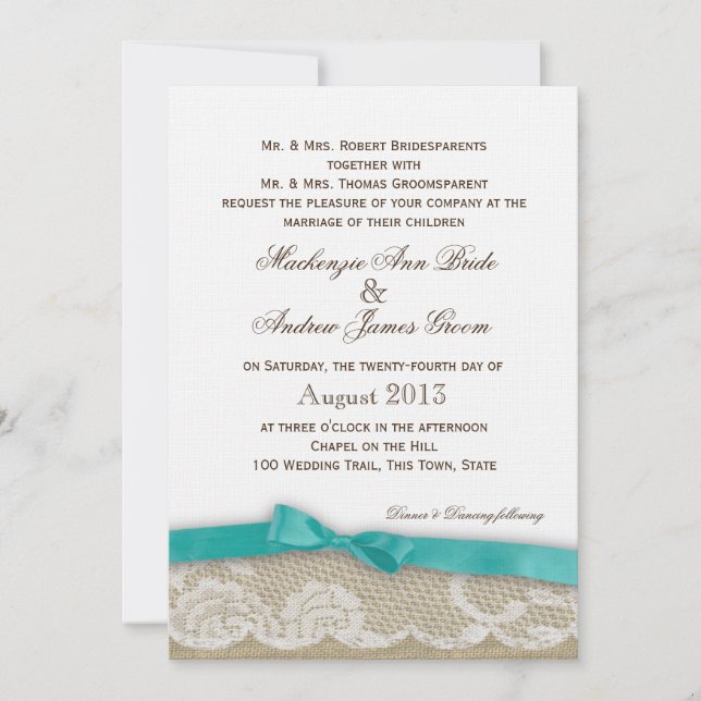 Invitation Dentelle romantique et Mariage noir Aqua Bow (Devant)
