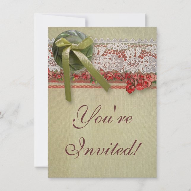 Invitation Dentelle Rose Antique Rouge Rustique Burlap Victor (Devant)