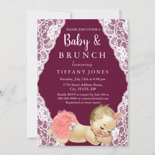 Invitation Dentelle rose Bourgogne Baby shower Vintage Brunch (Devant)