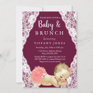 Invitation Dentelle rose Bourgogne Baby shower Vintage Brunch