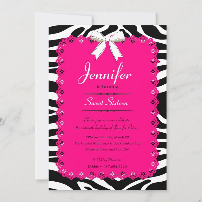 Invitation Dentelle rose chaude et BW Zebra Stripes Sweet 16  (Devant)