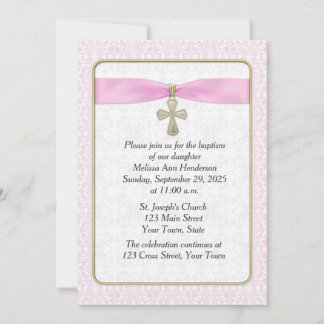 Invitation Dentelle rose, Croix d'or, religieuse