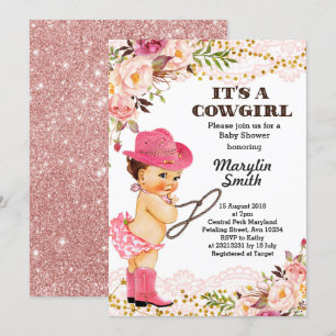 Invitation Dentelle rose de baby shower de cow-girl d'or