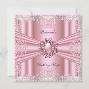 Invitation Dentelle rose en damas perle diamant fête d'annive