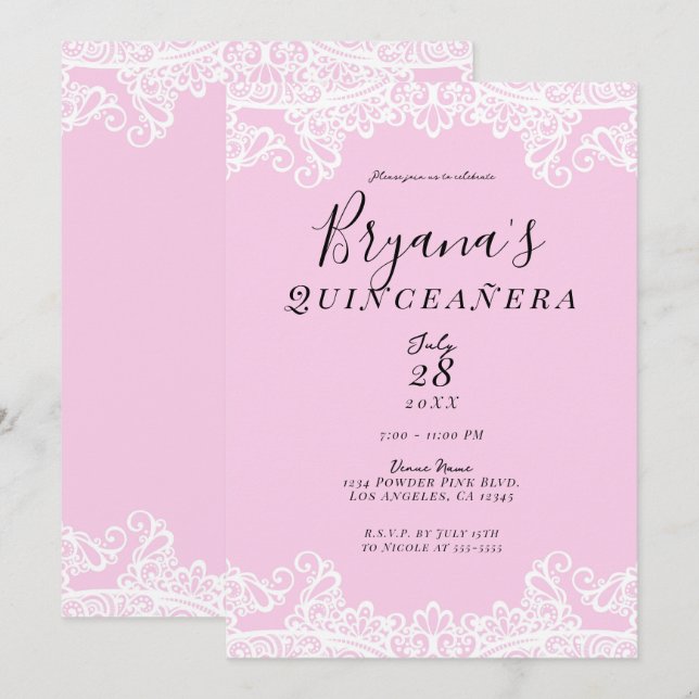 Invitation Dentelle rose et blanche Elégante Quinceañera (Devant / Derrière)