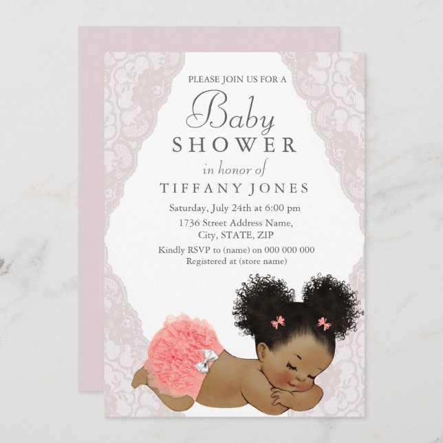 Invitation Dentelle rose Ethnic Vintage Baby shower Invitatio (Devant / Derrière)