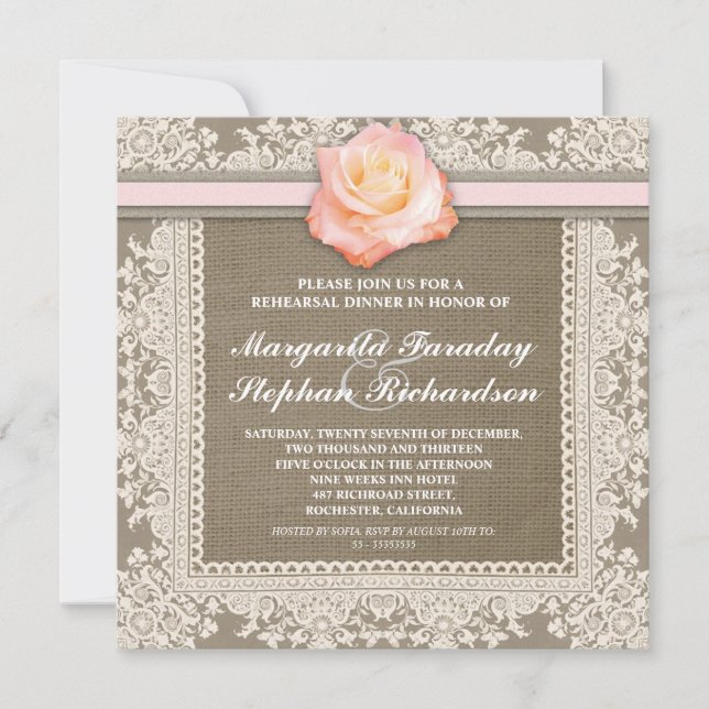 Invitation dentelle rose rose & burlap répétition dîner invit (Devant)