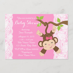 Invitation Dentelle rose singe bébé fille douche