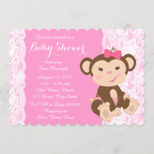 Invitation Dentelle rose singe bébé fille douche