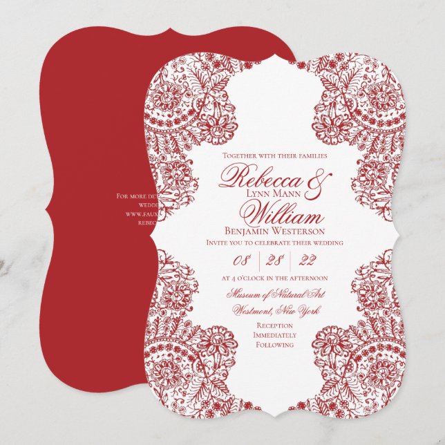Invitation Dentelle rouge et blanche Élégant Mariage gothique (Devant / Derrière)