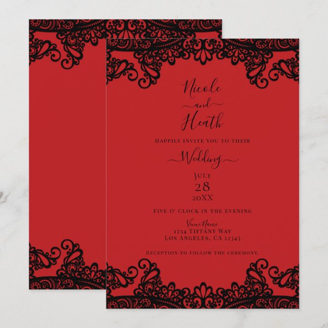 Invitation Dentelle rouge et noire Élégant mariage (Devant / Derrière)