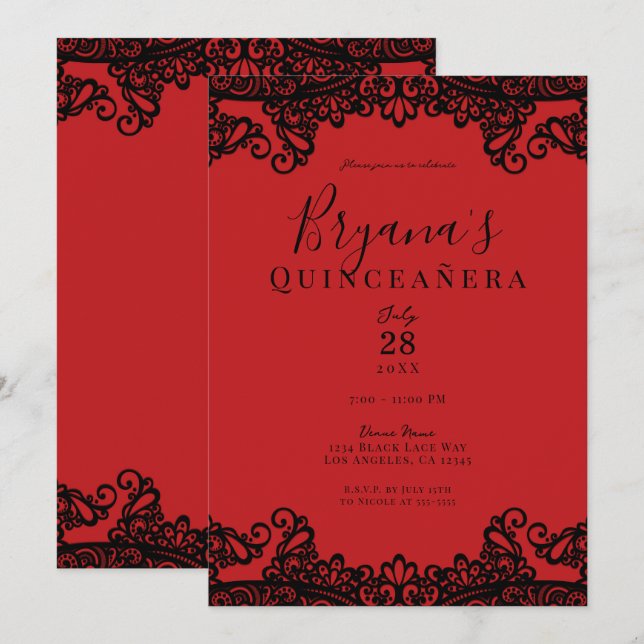 Invitation Dentelle rouge et noire Elégante Quinceañera Party (Devant / Derrière)