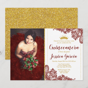 Invitation Dentelle rouge foncé et Parties scintillant or Pri