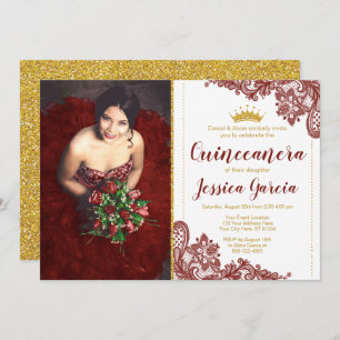Invitation Dentelle rouge foncée et Parties scintillant d'or