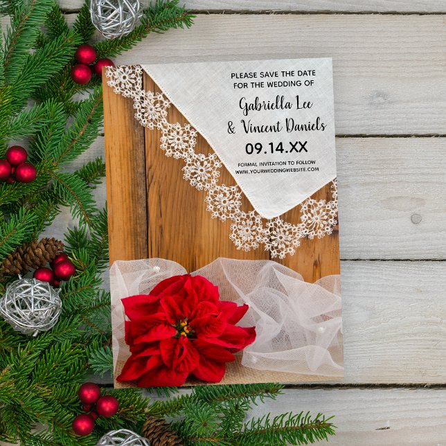 Invitation Dentelle rouge rustique hiver Enregistrer la date (Set the tone for your December wedding with this festive Save the Date Announcement.)
