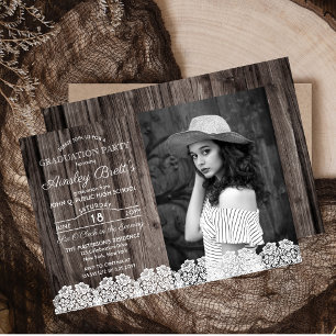 Invitation Dentelle rustique Bois Photo Graduation Party