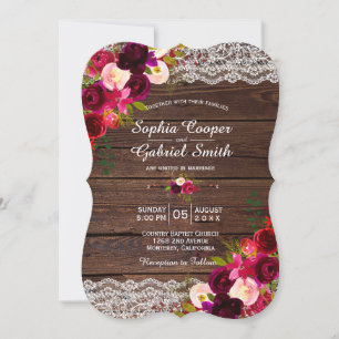 Invitation Dentelle Rustique Bourgogne Florale   Mariage camp