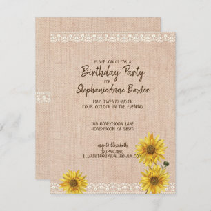 Invitation Dentelle rustique & Burlap Tournesols Anniversaire