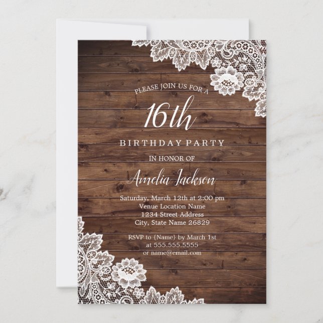 Invitation Dentelle rustique en bois 16e anniversaire Invitat (Devant)