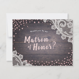 Invitation Dentelle rustique en bois, serez-vous ma matrone d
