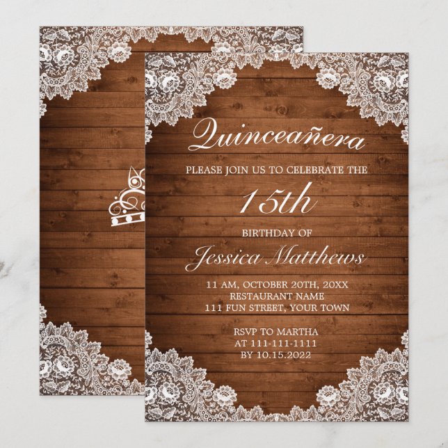 Invitation Dentelle rustique et blanche Tiara Quinceañera (Devant / Derrière)
