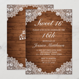 Invitation Dentelle rustique et blanche Tiara Sweet 16
