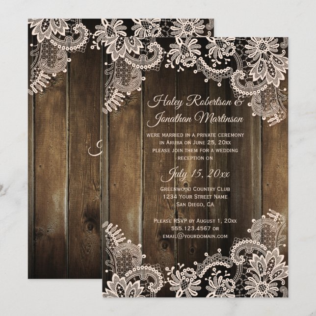 Invitation Dentelle rustique et bois de grange réception uniq (Devant / Derrière)