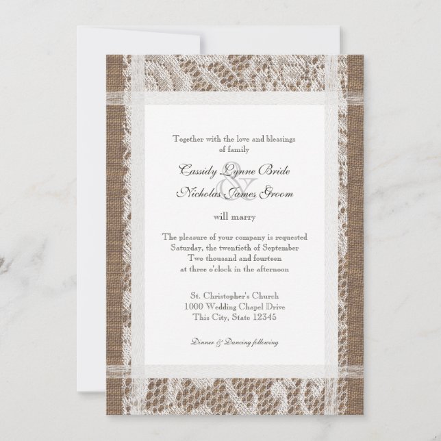 Invitation Dentelle rustique et Mariage Burlap 7x5 (Devant)
