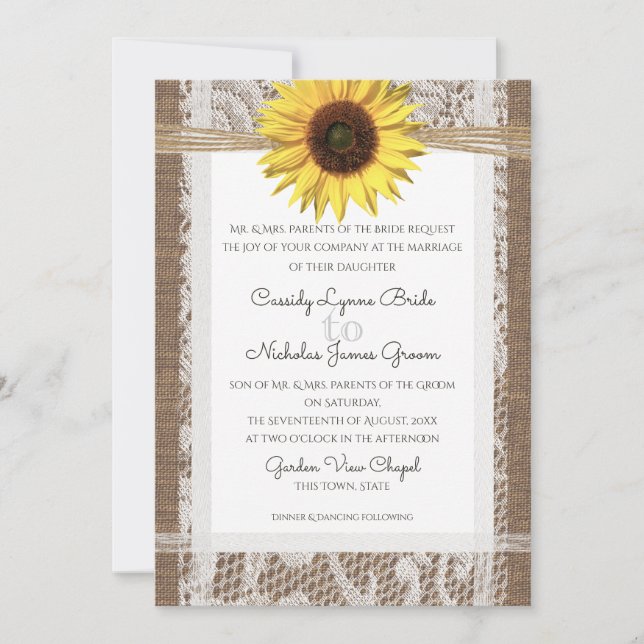 Invitation Dentelle rustique et Mariage de tournesol (Devant)