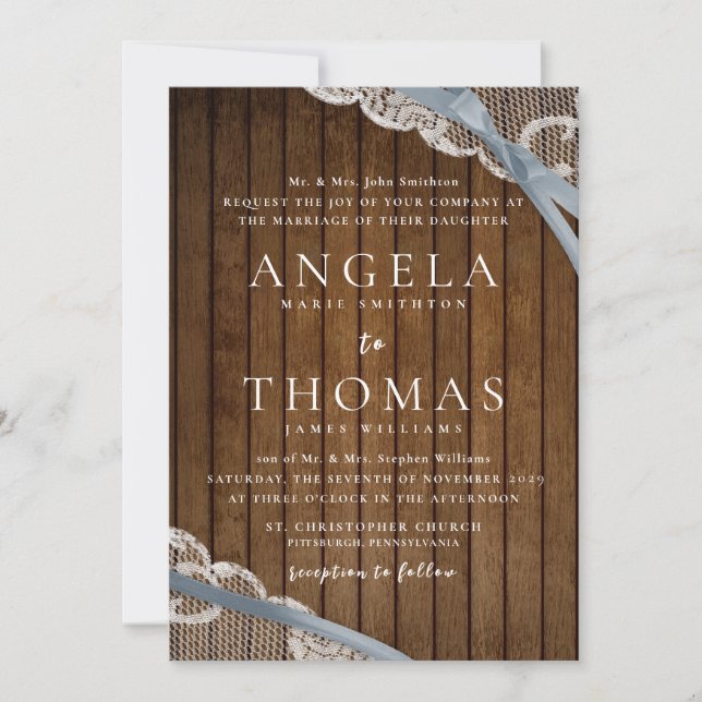 Invitation Dentelle rustique et Mariage en bois de grange (Devant)